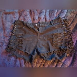 Distressed Lace-up black denim shorts